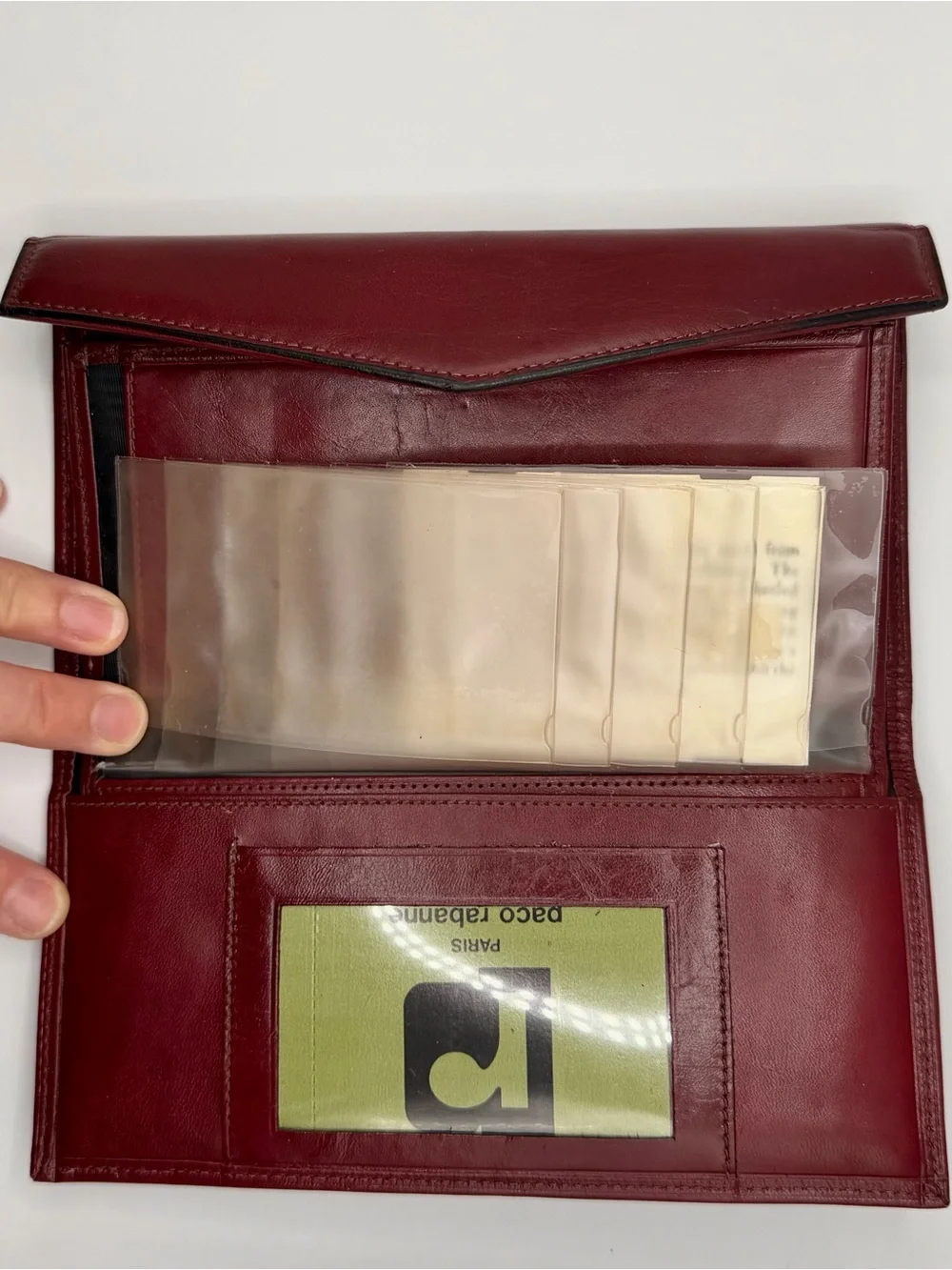 Vintage Paco Rabanne Paris Burgundy Leather Envelope Wallet NIB